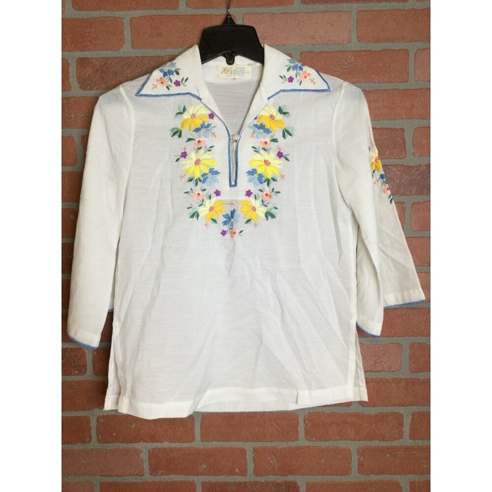 Lily Womens Floral Embroidered White Pullover Top Size M Boho Fairycore